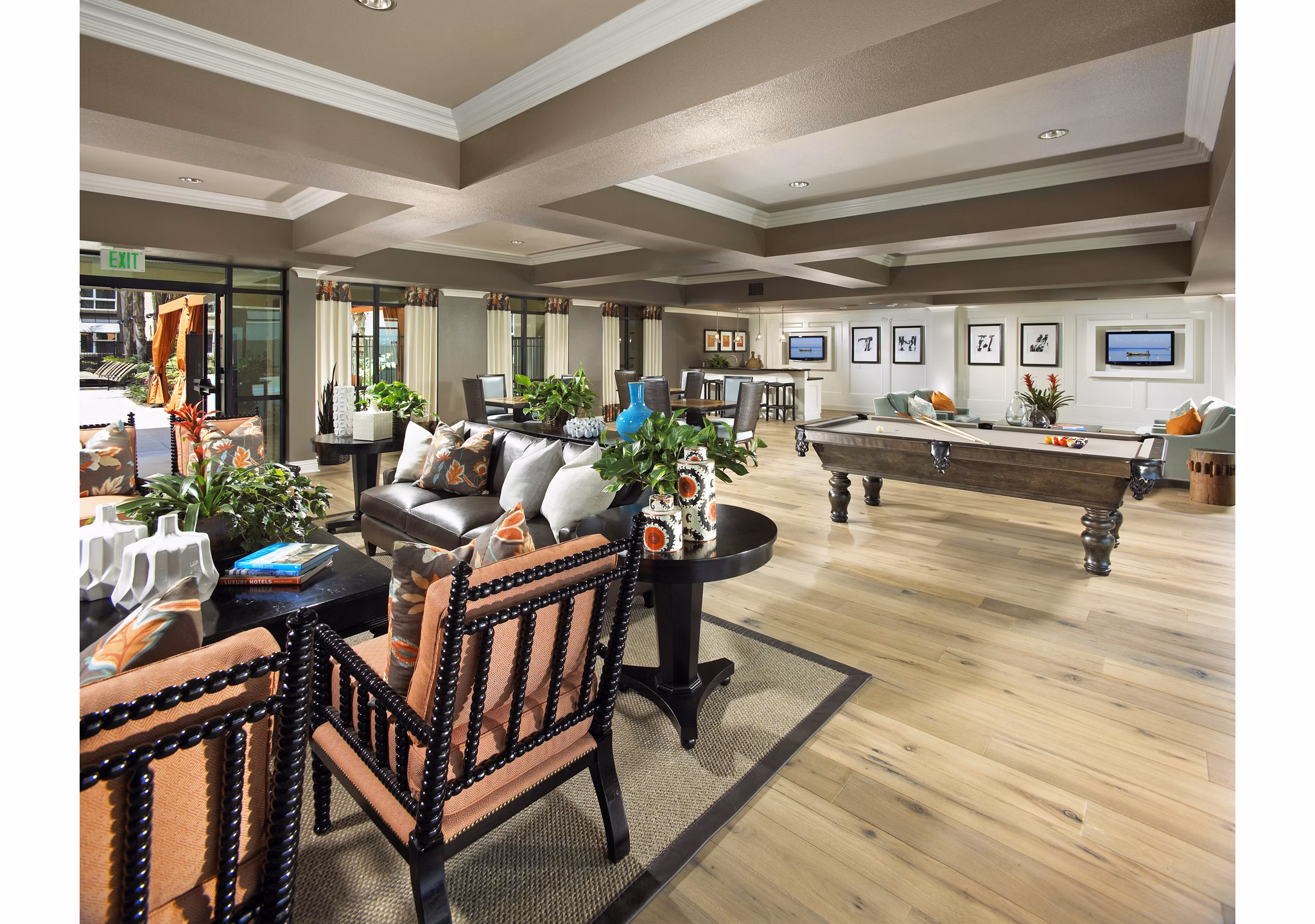 Stylish clubhouse with modern decor at Calypso Apartments and Lofts