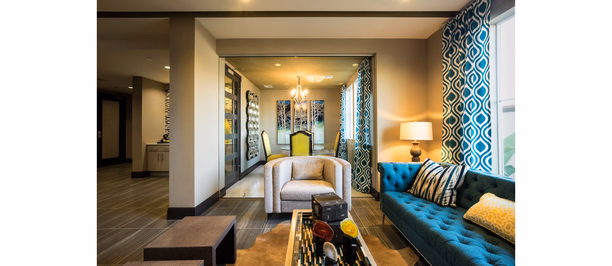 Modern clubhouse with chic interiors at Blue Sol Apartments offering luxury amenities