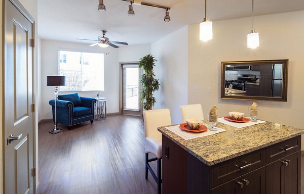 Modern kitchen with stainless steel appliances and granite countertops at Blue Sol Apartments