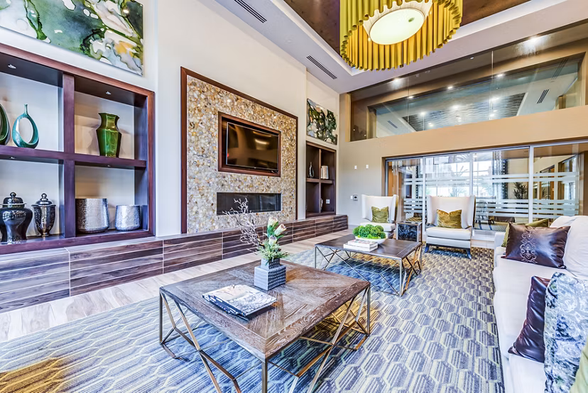 Clubhouse lobby with modern seating and decor at Luce Apartments luxury community