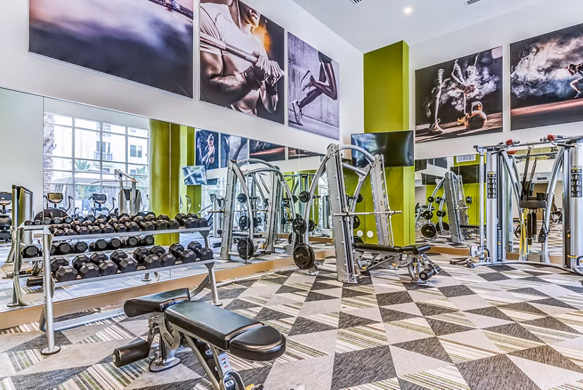 State-of-the-art fitness center with modern equipment at Luce Apartments, perfect for a luxury workout experience