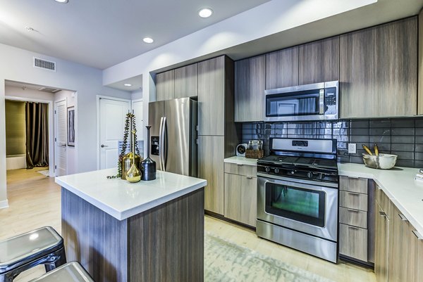 Modern kitchen with stainless steel appliances and quartz countertops in Luce Apartments