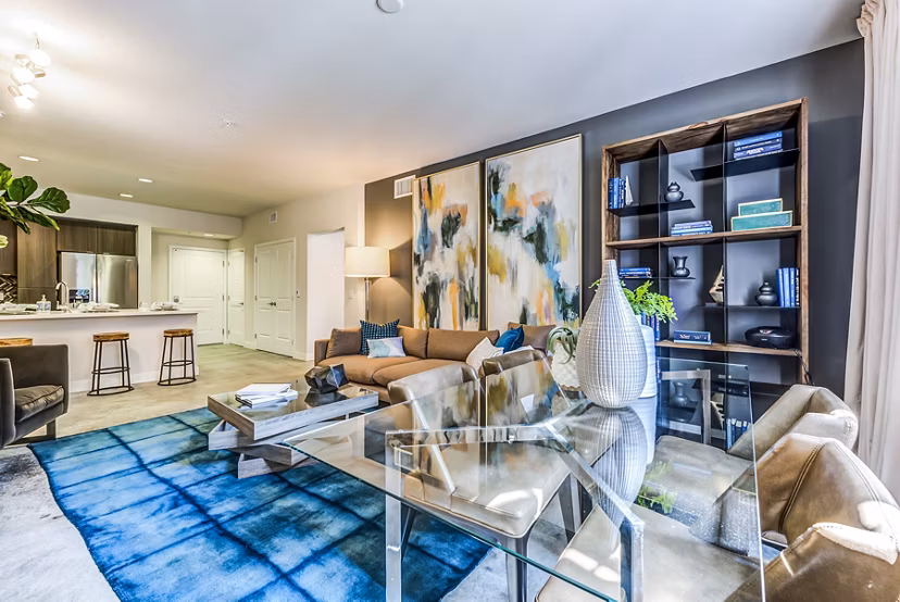 Spacious living room with modern design elements in Luce Apartments, showcasing luxury living spaces in Greystar communities