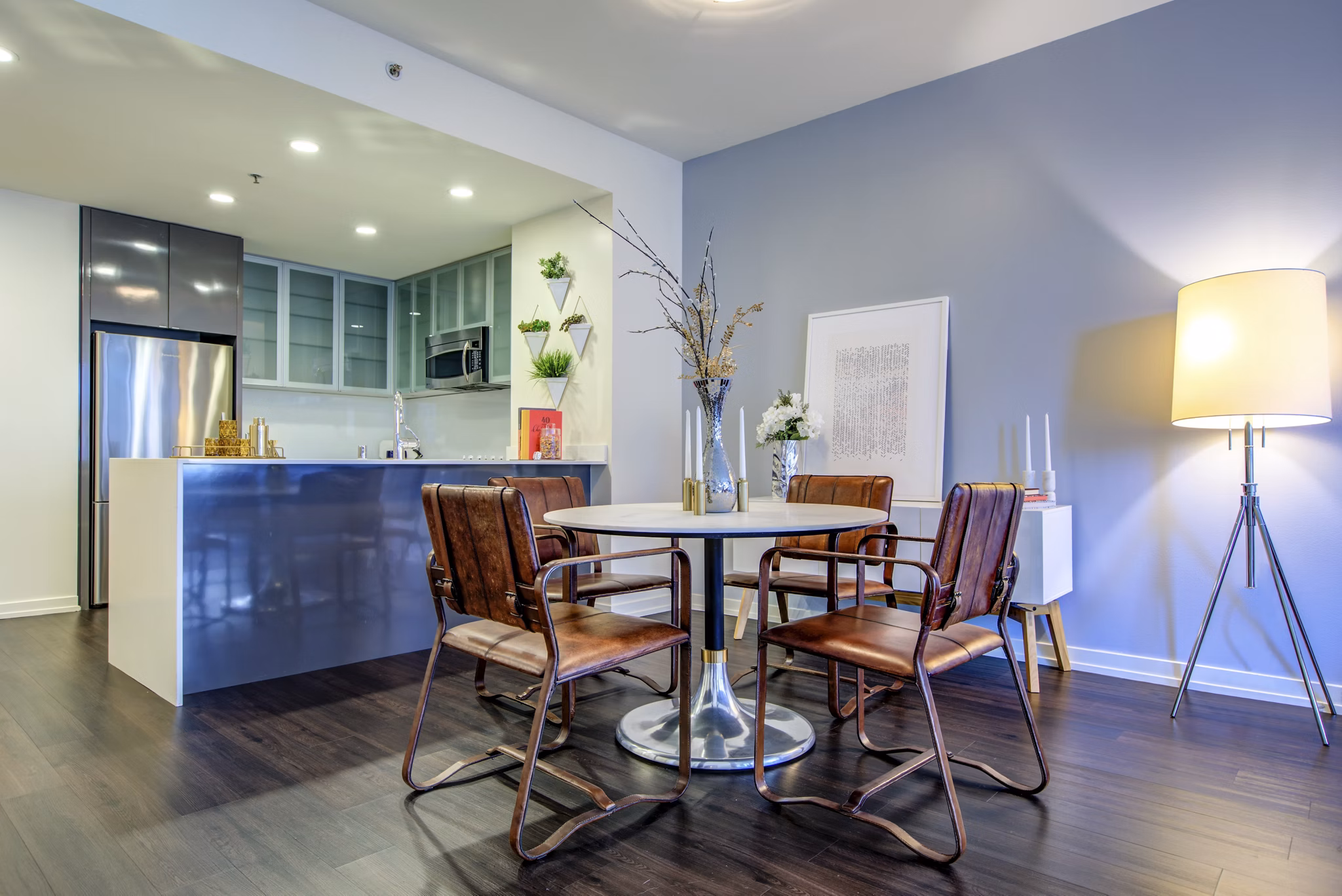 Dining area with modern furnishings at Argenta Apartments, luxury Greystar property