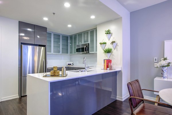 Contemporary kitchen with sleek cabinetry and stainless steel appliances in Argenta Apartments, a luxury  community