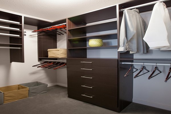 Walk-in closet featuring shelves, drawers, and storage bins in luxury apartments