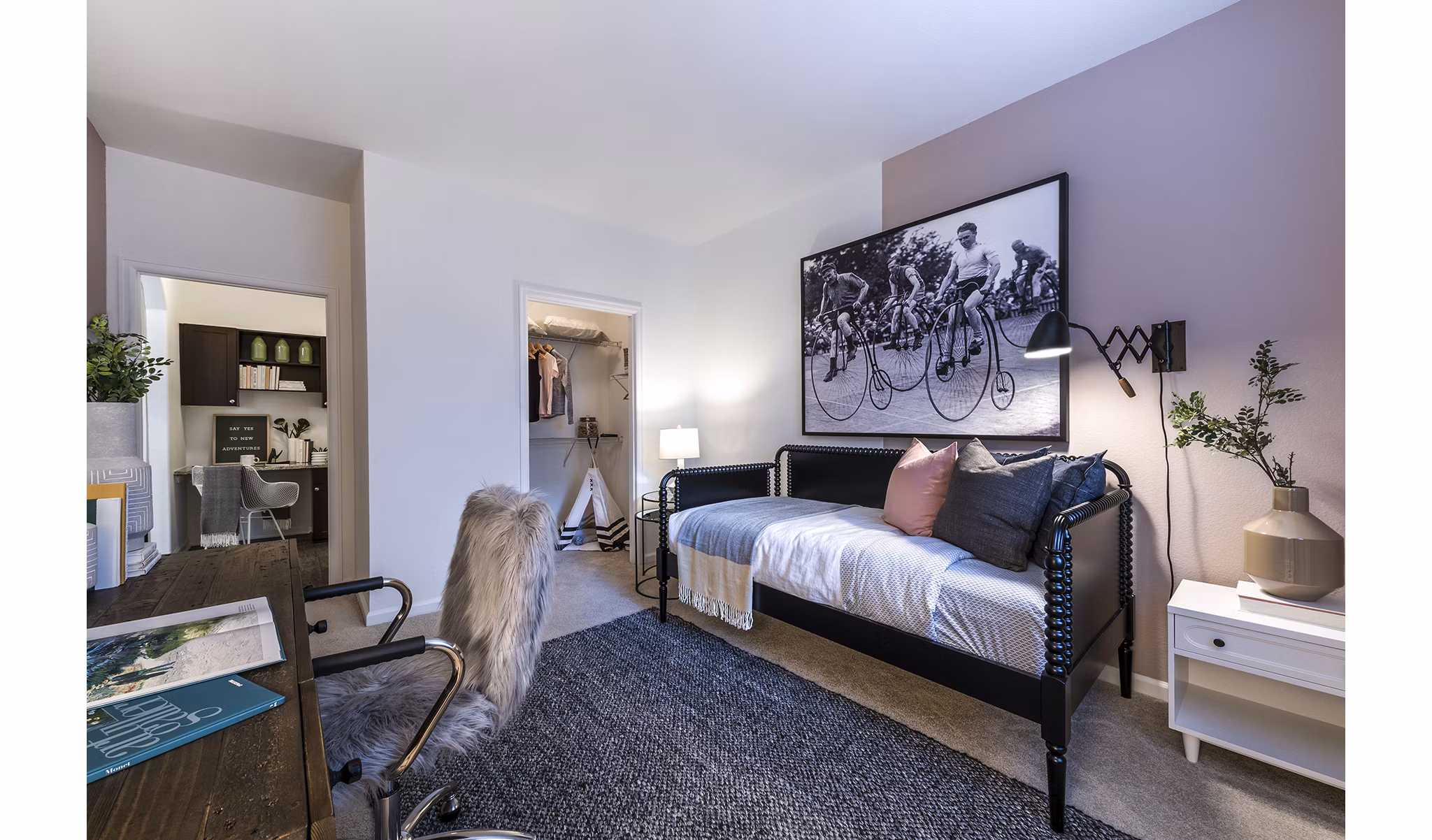 Baileys Crossing: Renovated bedroom in luxury apartments with elegant decor, showcasing modern design and comfort in Alexandria