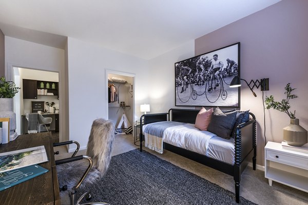 Baileys Crossing: Renovated bedroom in luxury apartments with elegant decor, showcasing modern design and comfort in Alexandria
