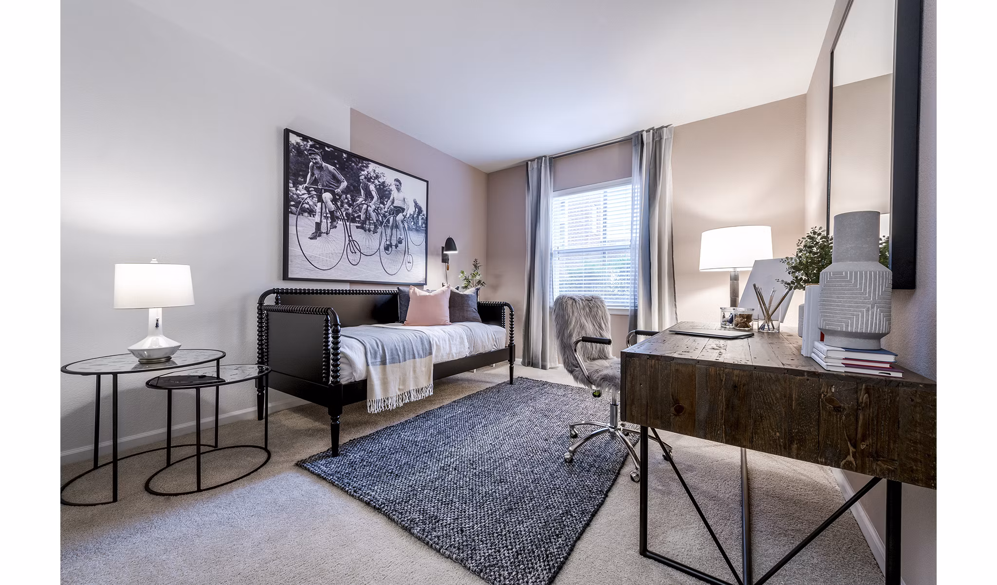 Baileys Crossing: Renovated luxury apartment bedroom with modern furnishings and natural light in 2018 upgrade