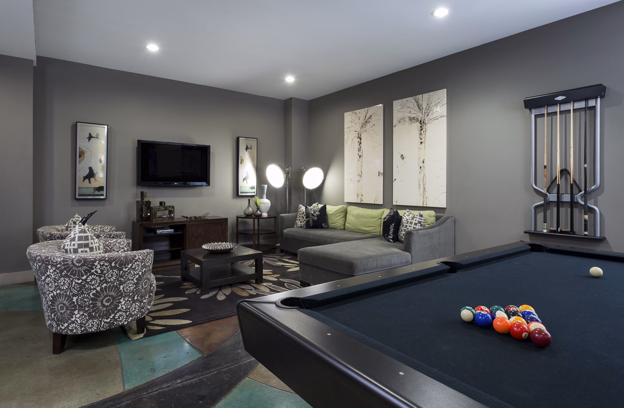 Clubhouse with luxurious seating and modern decor at Allegro Apartments, perfect for socializing and relaxation for residents