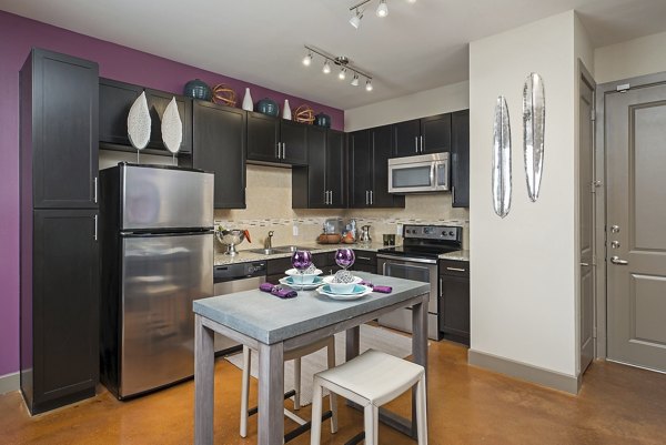 Modern kitchen with stainless steel appliances and granite countertops in Allegro Apartments