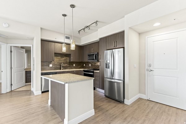 Spacious kitchen with stainless steel appliances at SoMa at Brickell Apartments, luxury living in the heart of Miami