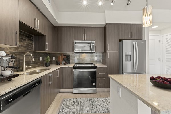 Modern kitchen with stainless steel appliances at SoMa at Brickell Apartments
