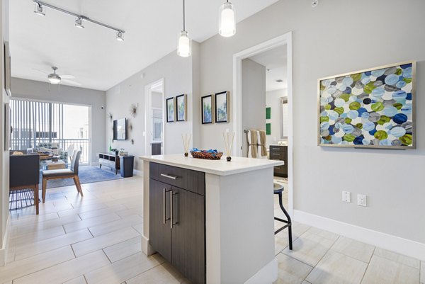 Boca City Walk Apartments: Modern kitchen with sleek countertops and stainless steel appliances in a luxury setting