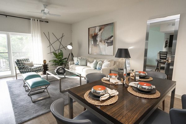 Dining area with elegant furnishings at The Franklin Delray Apartments, a Greystar luxury property in a vibrant setting