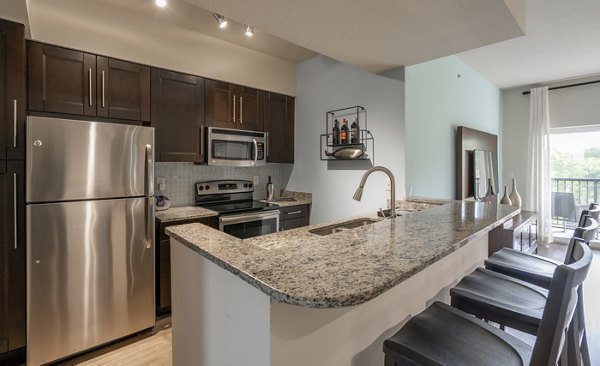Modern kitchen featuring sleek countertops and stainless steel appliances in The Franklin Delray Apartments