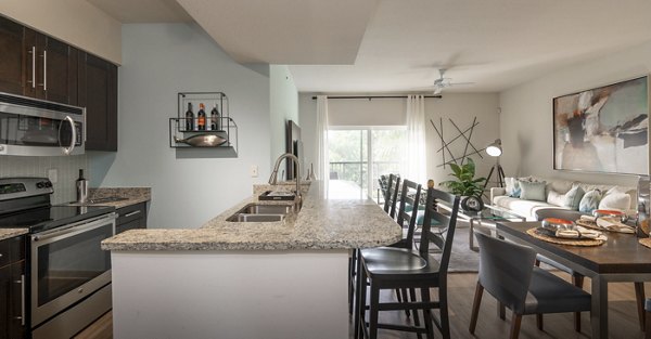 Modern kitchen with stainless steel appliances at The Franklin Delray Apartments
