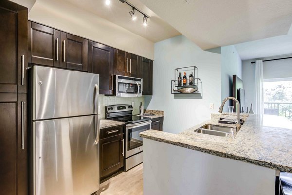 Modern kitchen with stainless steel appliances and granite countertops at The Franklin Delray Apartments
