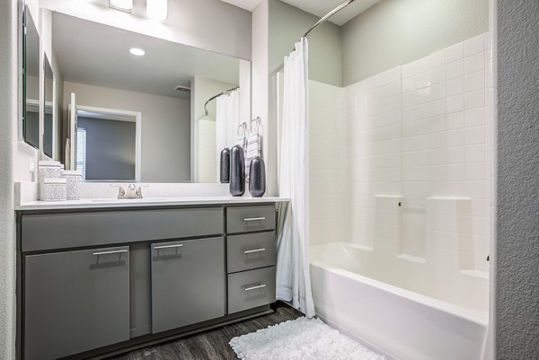 Bathroom featuring modern fixtures and elegant vanity at Acappella Apartments