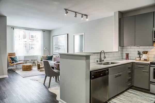 Modern kitchen with stainless steel appliances at Acappella Apartments