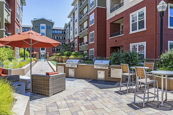 Outdoor grill area with modern cooking stations at Acappella Apartments