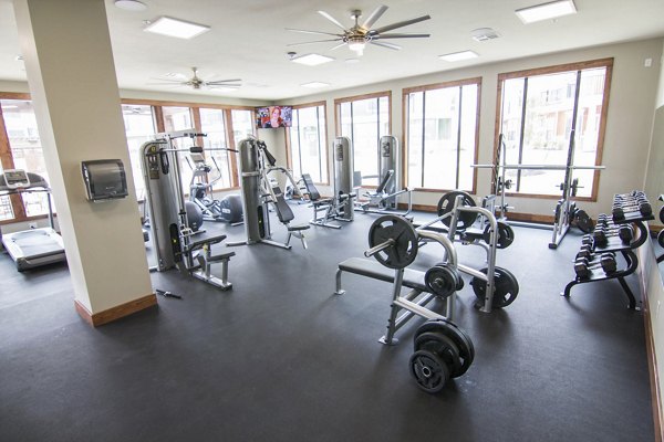 Modern fitness center with state-of-the-art equipment at Camber Villas, luxury apartments by Greystar