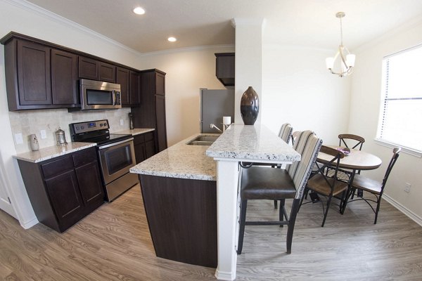 Modern kitchen featuring stainless steel appliances and granite countertops in Camber Villas' luxury apartments