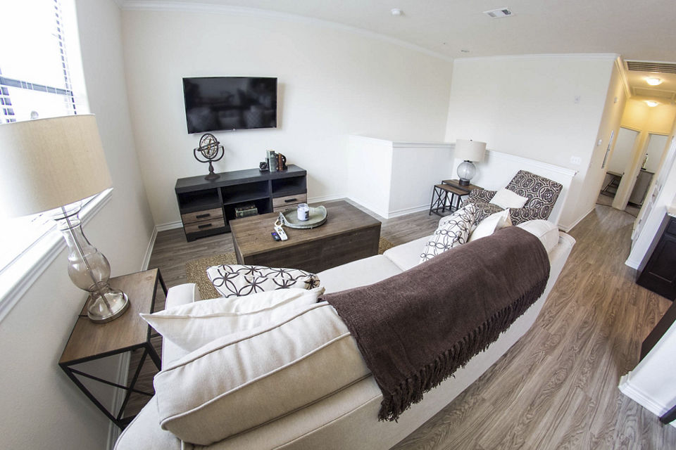 Modern living room with plush seating and large windows at Camber Villas luxury apartments