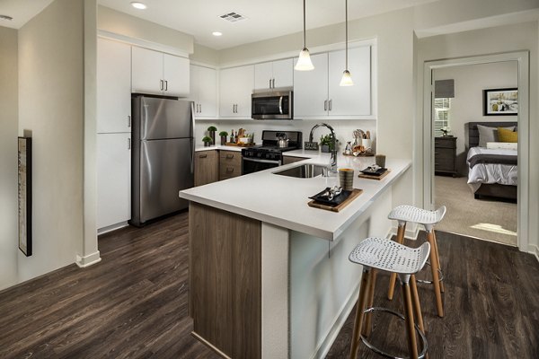 Modern kitchen with stainless steel appliances at Terrano Apartments