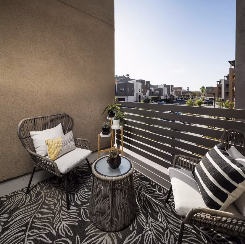 Spacious patio with outdoor seating at Terrano Apartments in San Diego