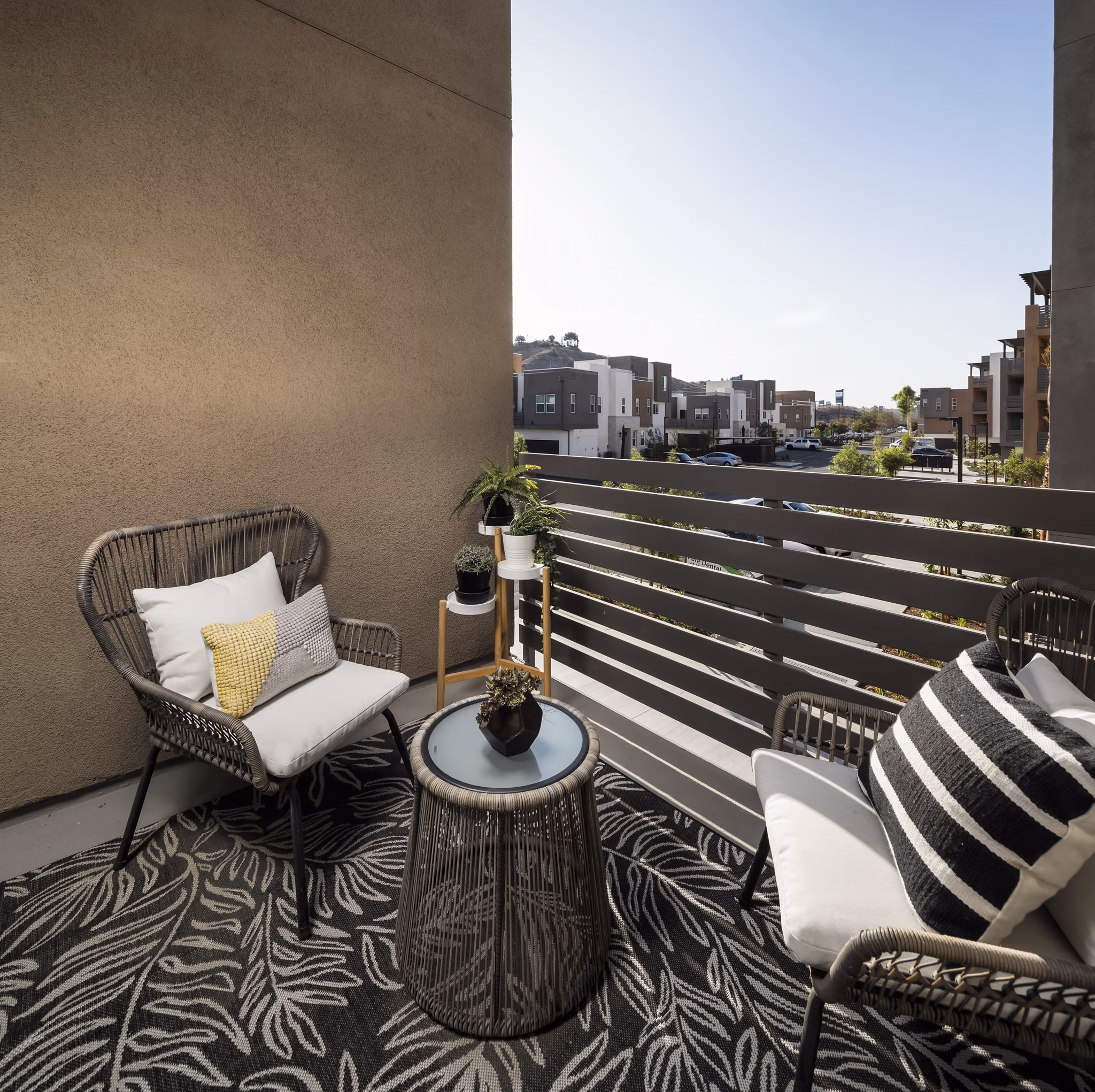 Spacious patio with outdoor seating at Terrano Apartments in San Diego