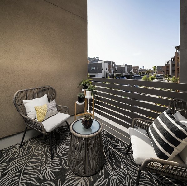 Spacious patio with outdoor seating at Terrano Apartments in San Diego