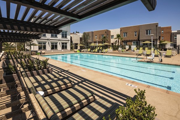 Outdoor pool with lounge seating at Terrano Apartments in San Diego, offering a luxurious amenity for residents seeking relaxation and recreation