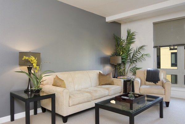 Modern living room with large windows and stylish furnishings at Crescent Village Apartments, a luxury apartment community