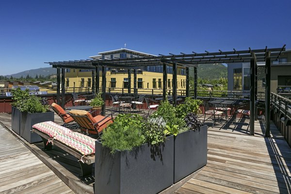 Rooftop deck with stunning views at Crescent Village Apartments, featuring spacious seating and green space for relaxation