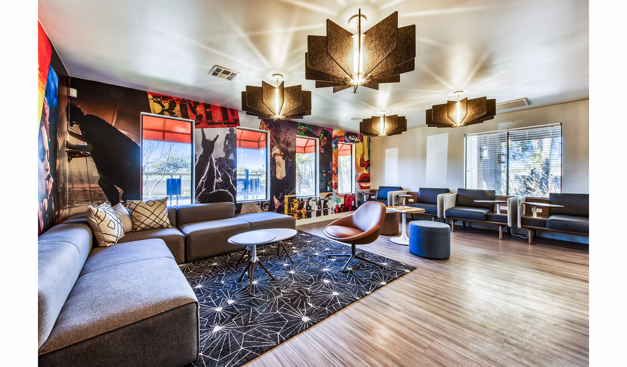 Inviting lobby with contemporary design and seating area at CIRC Apartments, a luxury Greystar property