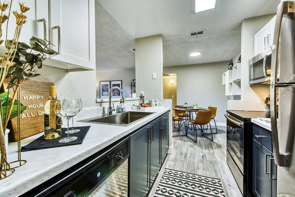 Modern kitchen with sleek countertops and stainless steel appliances at CIRC Apartments, luxury living by Greystar
