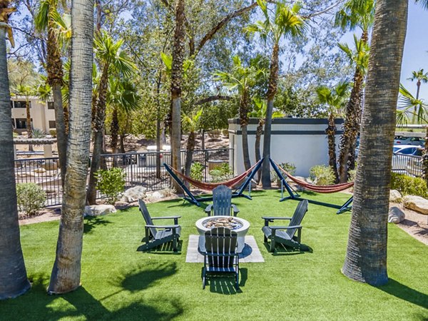 Patio with modern seating area at CIRC Apartments, perfect for outdoor relaxation and gatherings