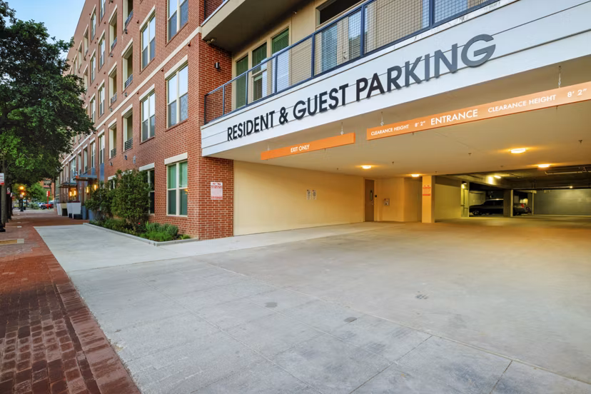 Covered parking garage facility at 555 Ross Apartments, offering convenient urban living amenities