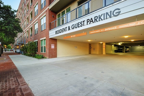 Covered parking garage facility at 555 Ross Apartments, offering convenient urban living amenities