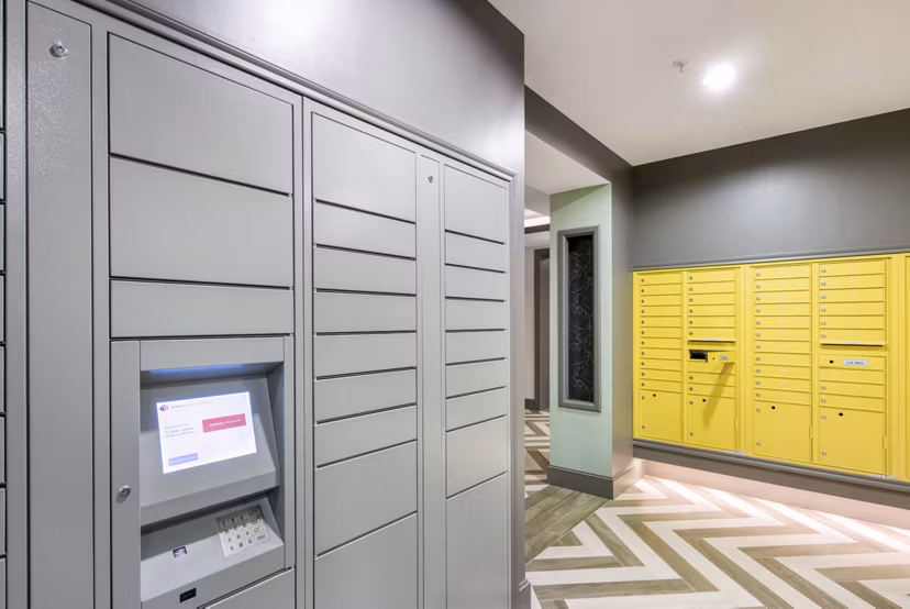 Mail room featuring modern design at 555 Ross Apartments, a luxury property expertly managed by Greystar in an upscale urban setting