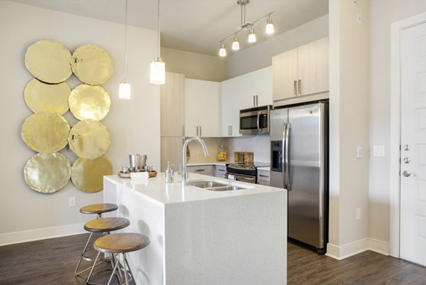 Modern kitchen with stainless steel appliances at 555 Ross Apartments, luxury living in the heart of a vibrant community