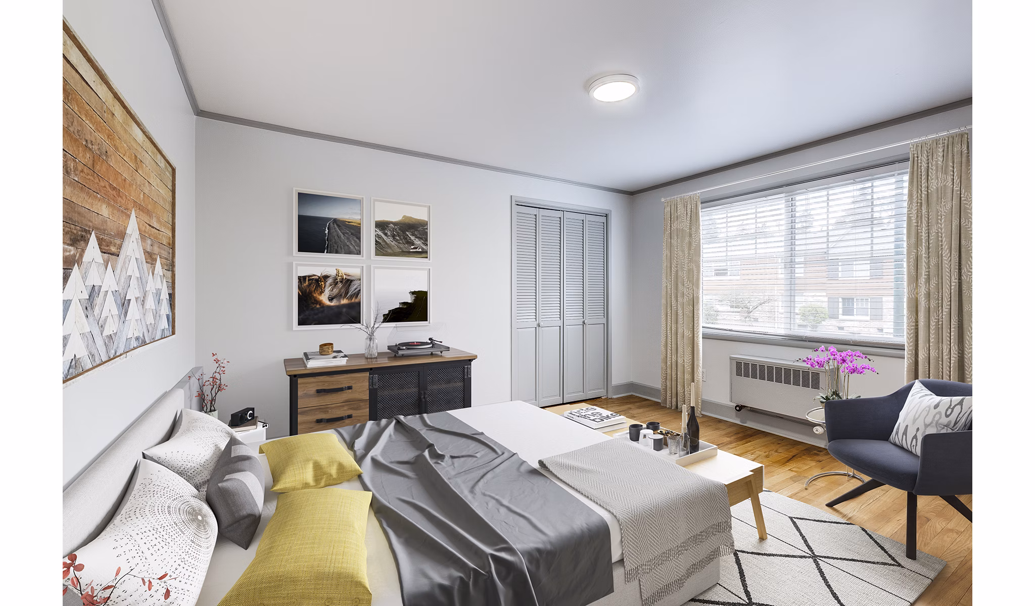 Shorewood Apartments: Cozy bedroom with modern furnishings and natural light