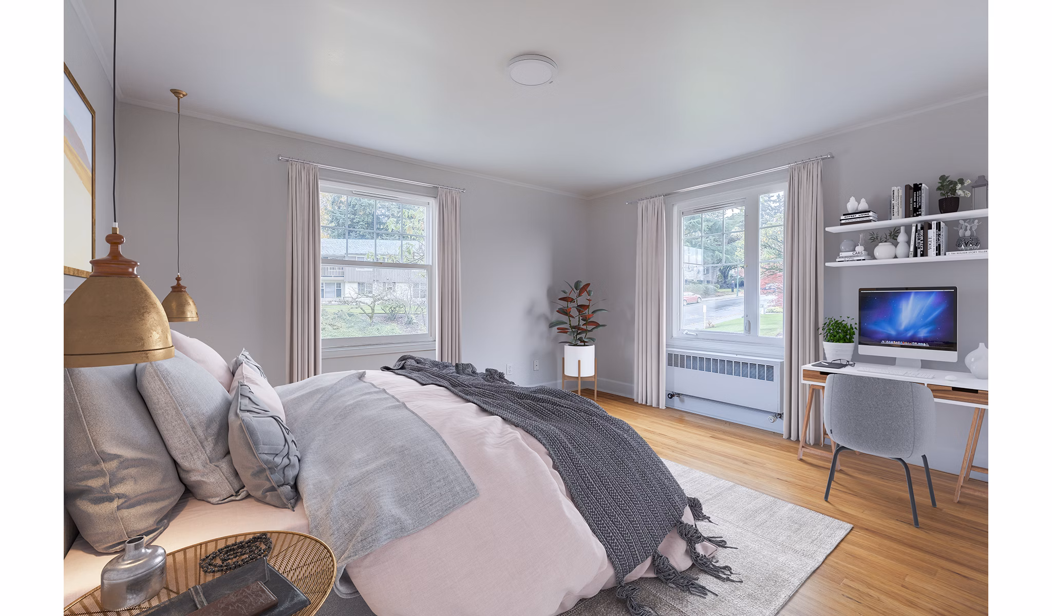 Cozy bedroom with modern furnishings at Shorewood Apartments, luxury living