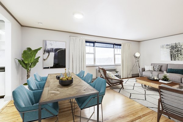 Dining room featuring elegant table and modern decor at Shorewood Apartments, a luxury community by Greystar