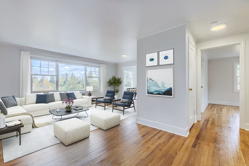 Modern living room with open floor plan in Shorewood Apartments, offering a luxury apartment experience