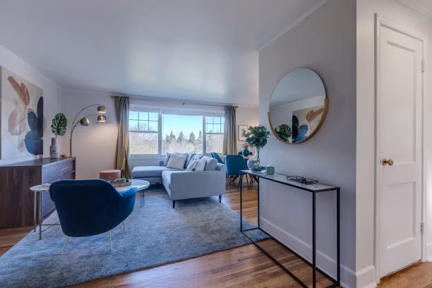 Spacious living room with modern decor in Shorewood luxury apartments