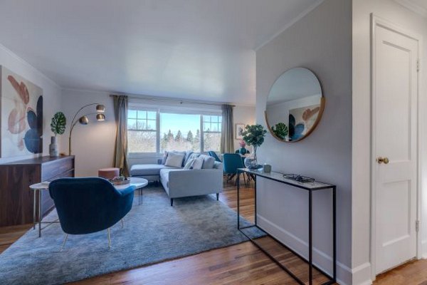 Spacious living room with modern decor in Shorewood luxury apartments