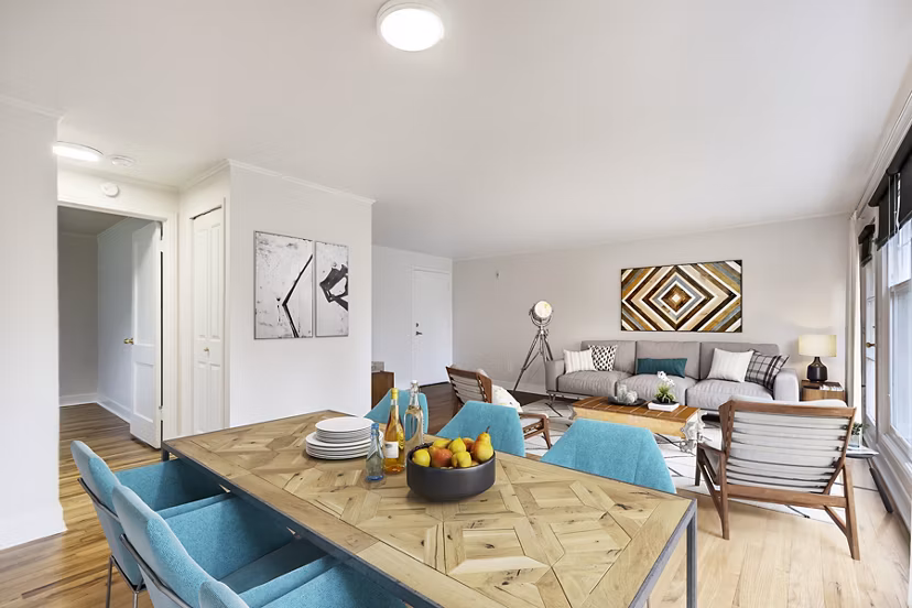 Dining room with modern furnishings at Shorewood Apartments, a luxury living option for refined taste
