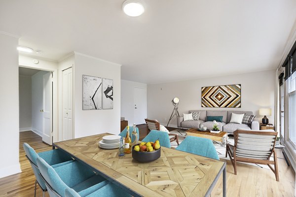 Dining room with modern furnishings at Shorewood Apartments, a luxury living option for refined taste